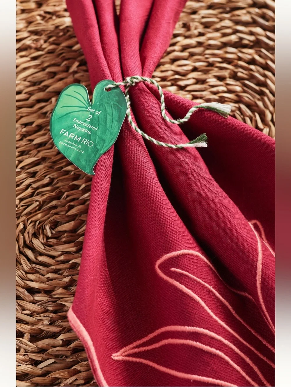 NWT Farm Rio x Anthropologie Embroidered Napkin, Set of 2 in Red Berry
